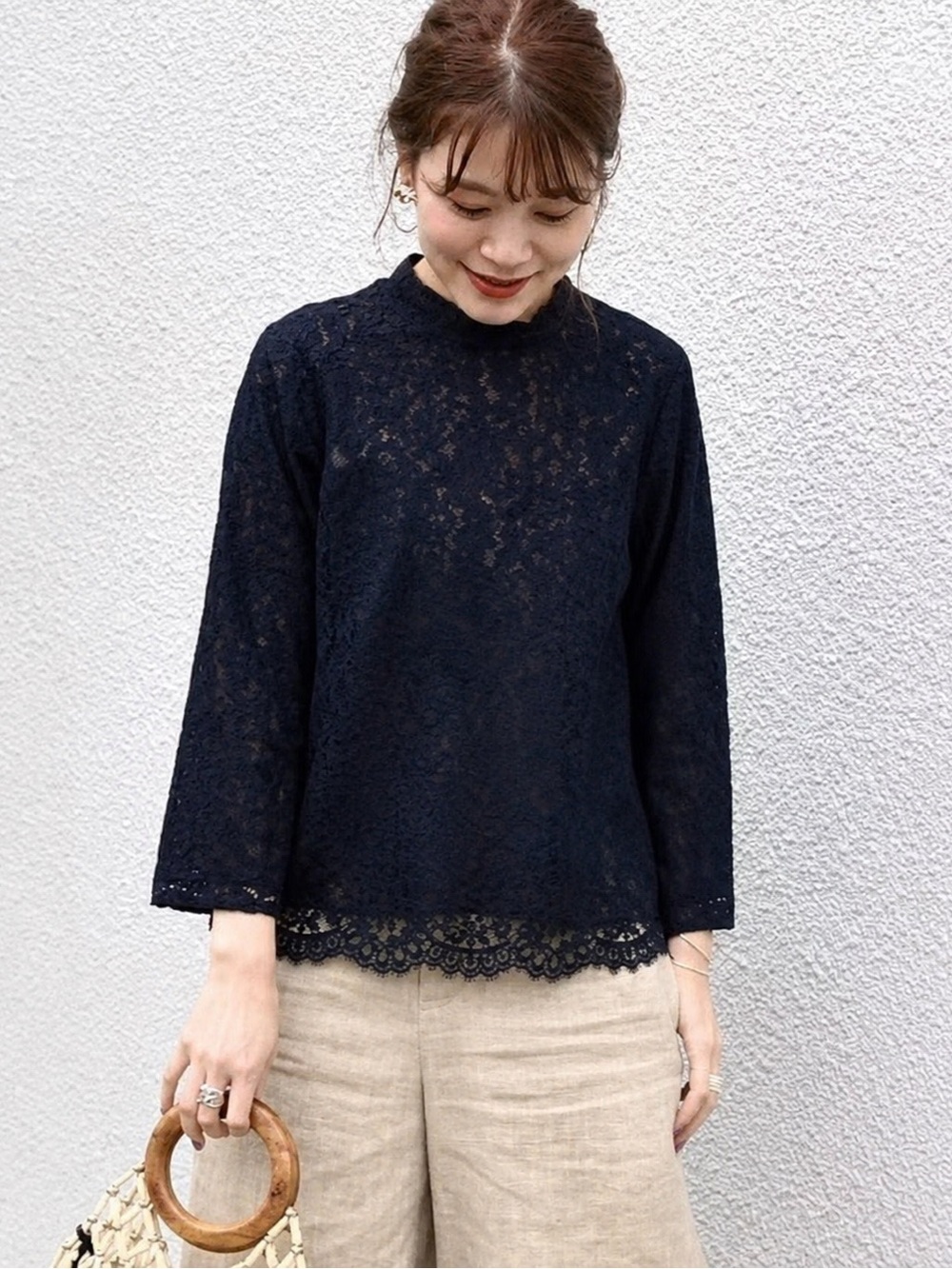 SHIPS Navy Floral Lace Blouse | Elegant Japanese Designer Top